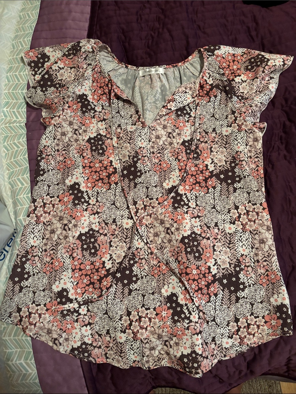 Simple Fun Floral Flutter-Sleeve V-Neck Top - Pink & Brown
